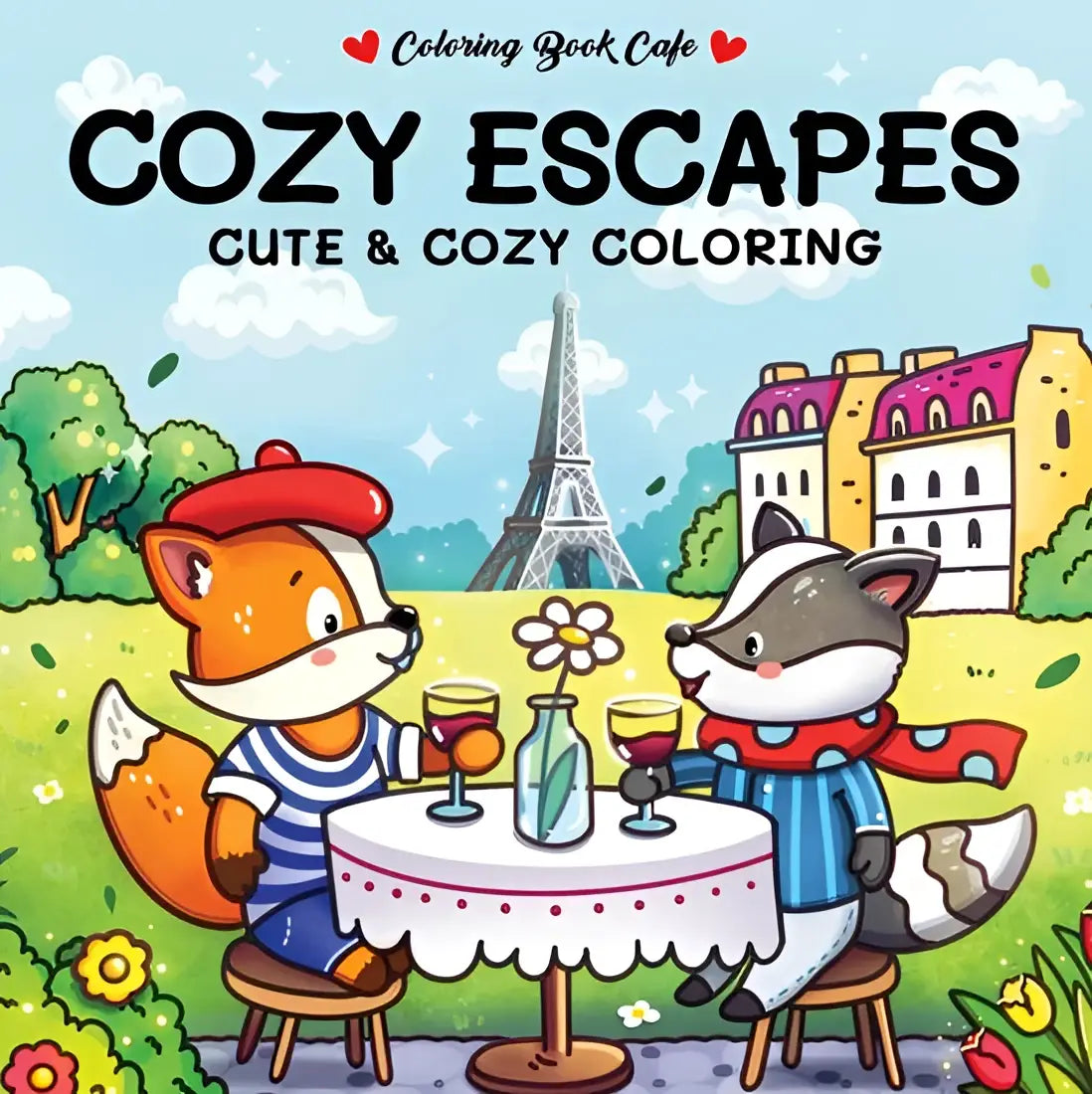 Cozy escapes kawaii illustraties cozy colouring boek met twee tekenfilmvosjes picknickend onder de eiffeltoren