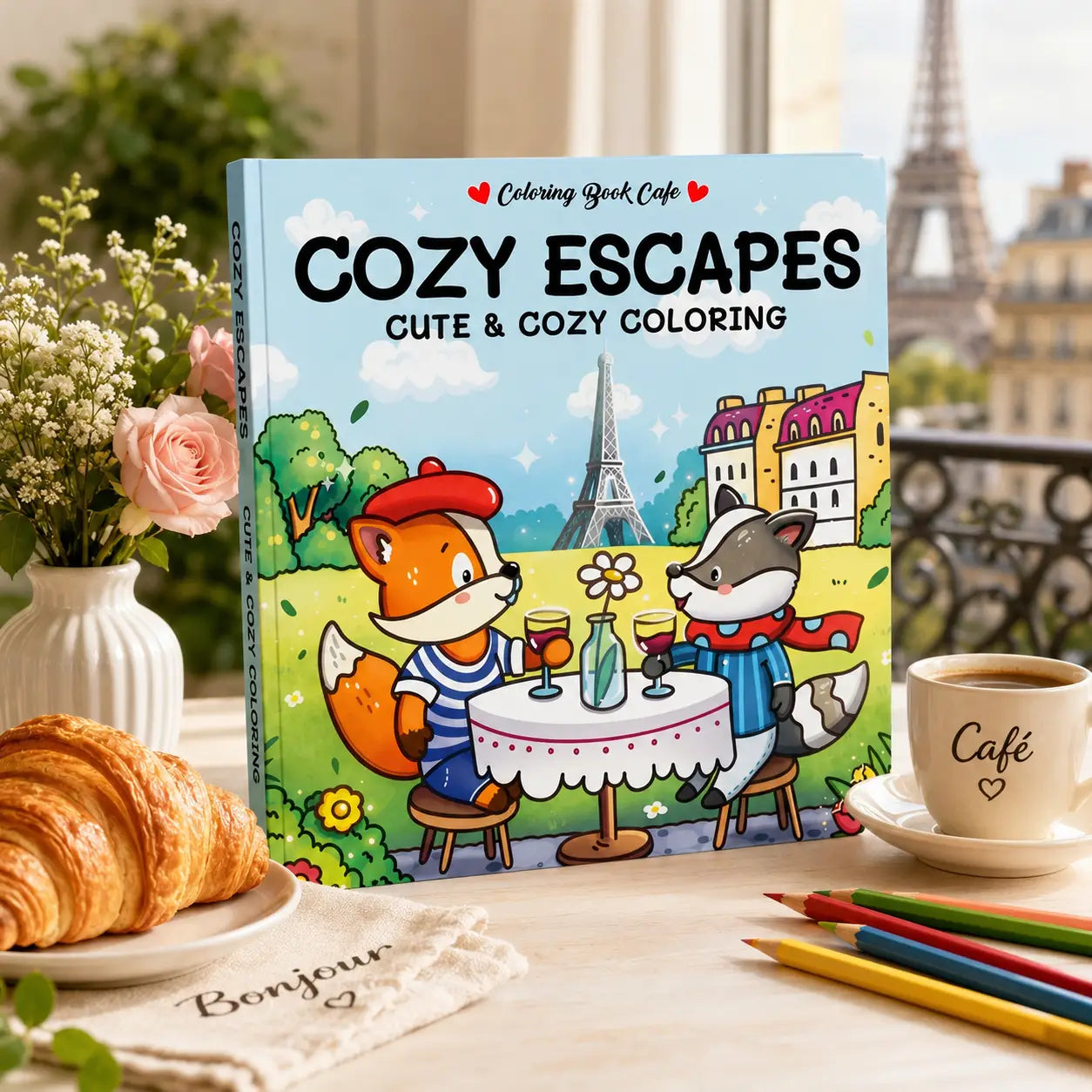 Kleurrijk cozy escapes kleurboek met kawaii illustraties van vossen in een parijse café scène en eiffeltoren