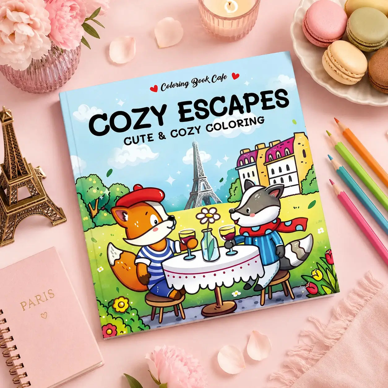 Cozy escapes kleurboek met kawaii illustraties van kleurrijke dieren die genieten in een buiten café bij de eiffel toren