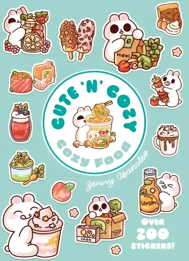 Cute bunny-themed cozy little sticker sheet featuring adorable pastel food and drink illustrations from cozy food
