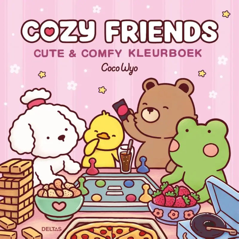 Roze cozy friends cute kleurboek coco wyo met schattige cartoon dieren rond tafel met snacks en spelletjes