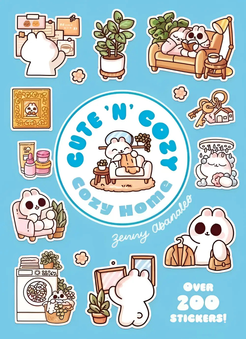 Cute white cartoon rabbit cozy little sticker set featuring cozy home scenes on a light blue background