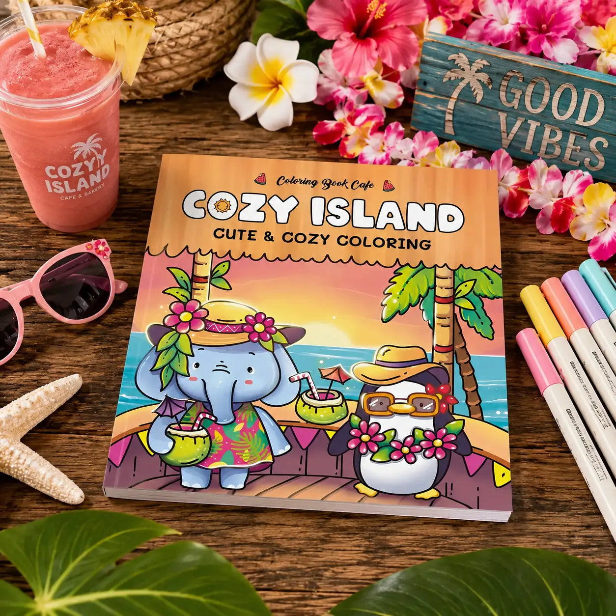 Cozy island kleurboek met kawaii dieren zoals een olifant en pinguïn in een tropische eilandscène