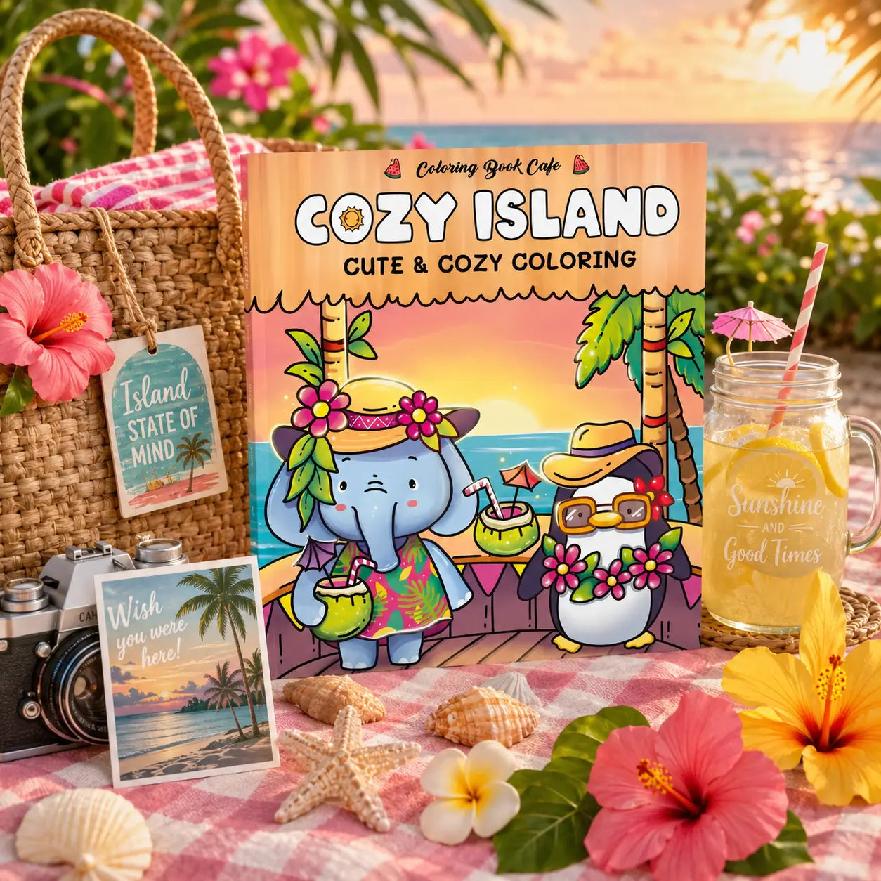 Cozy island kleurboek met kawaii dieren blauwe olifant en pinguïn in tropische eilandscènes bij zonsondergang