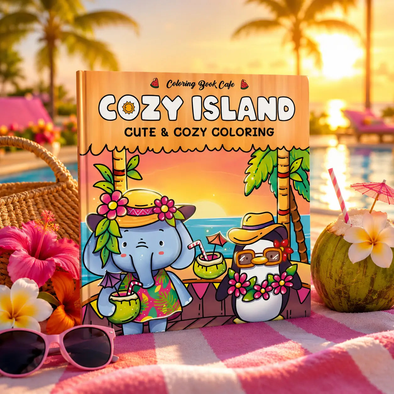 Cozy island kleurboek met kawaii dieren zoals olifant en pinguïn in tropische eilandscènes bij zonsondergang