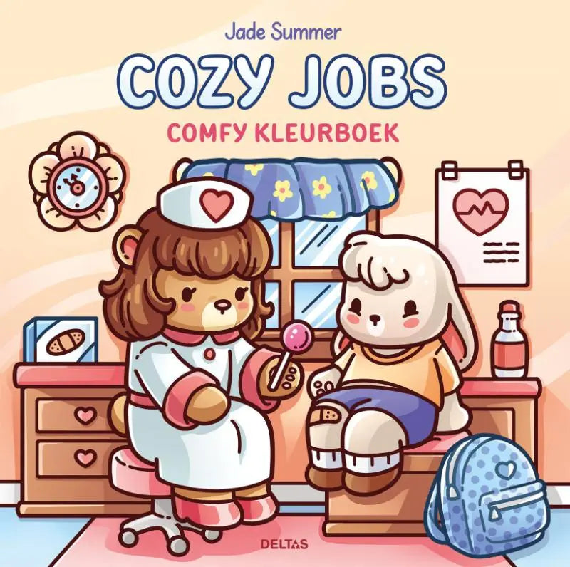 A blauwe rugzak met witte stippen en hartvormige rits trekt, passend bij comfy kleurboek jade summer cozy jobs