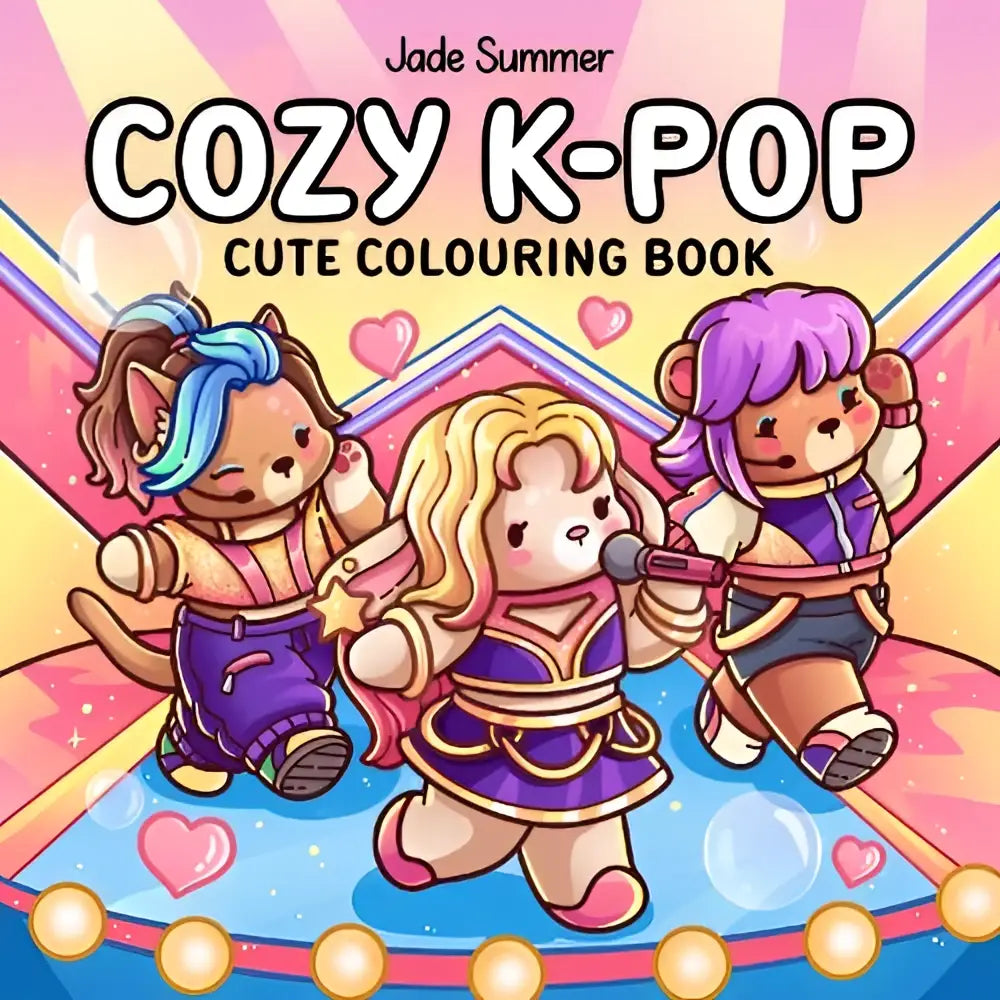 Cozy k-pop cute colouring book by jade summer met drie cartoon dieren in levendige outfits op een kleurrijk podium