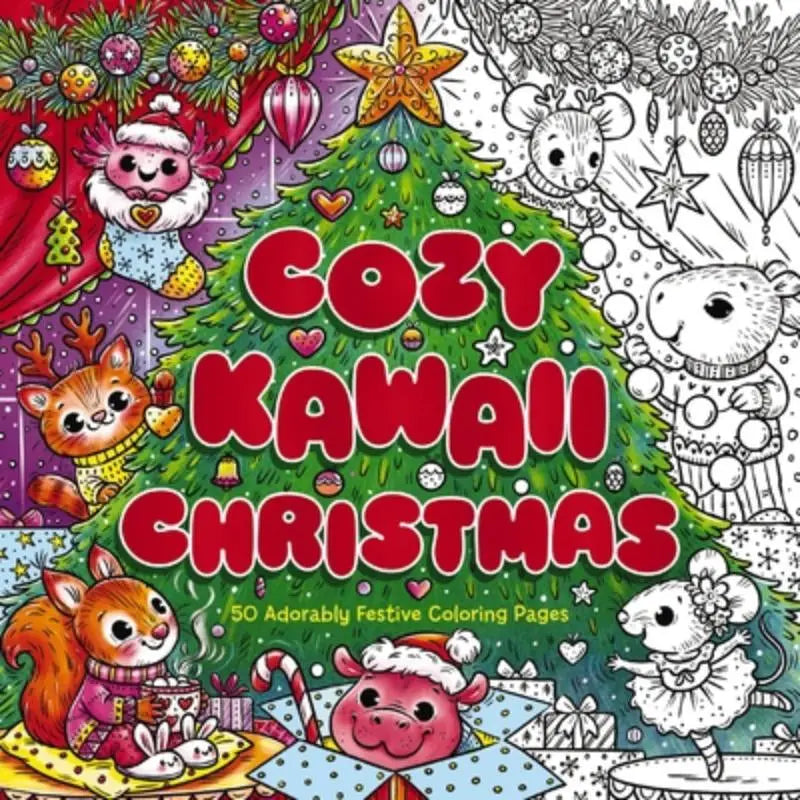 Cozy kawaii christmas kleurboek met 50 schattige feestelijke pagina’s van dieren in kerstoutfits rondom versierde boom