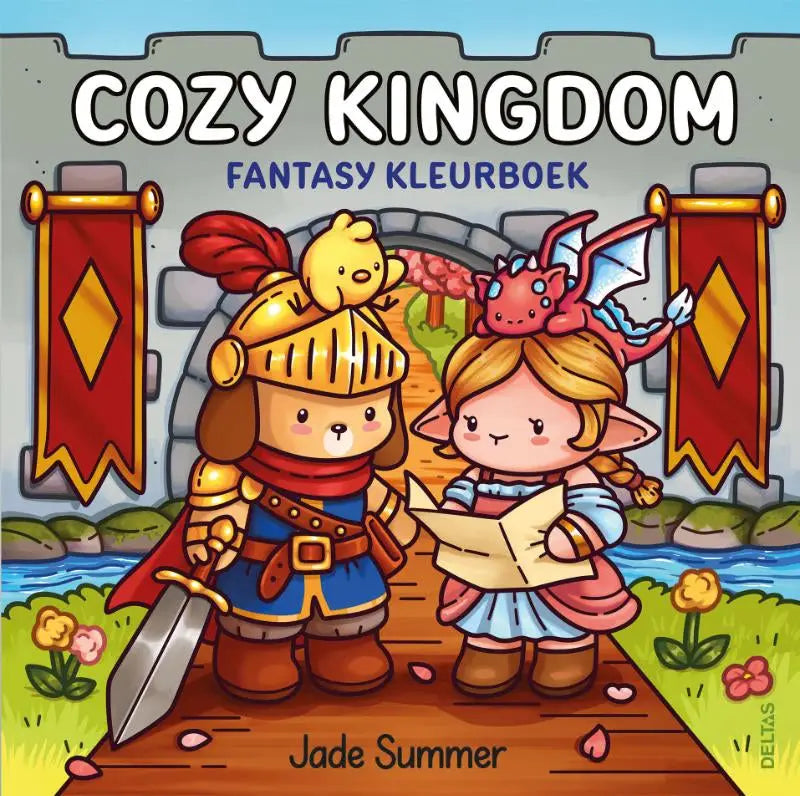Cozy kingdom fantasy kleurboek jade summer met cartoon personages in middeleeuws kostuum voor ontspanning