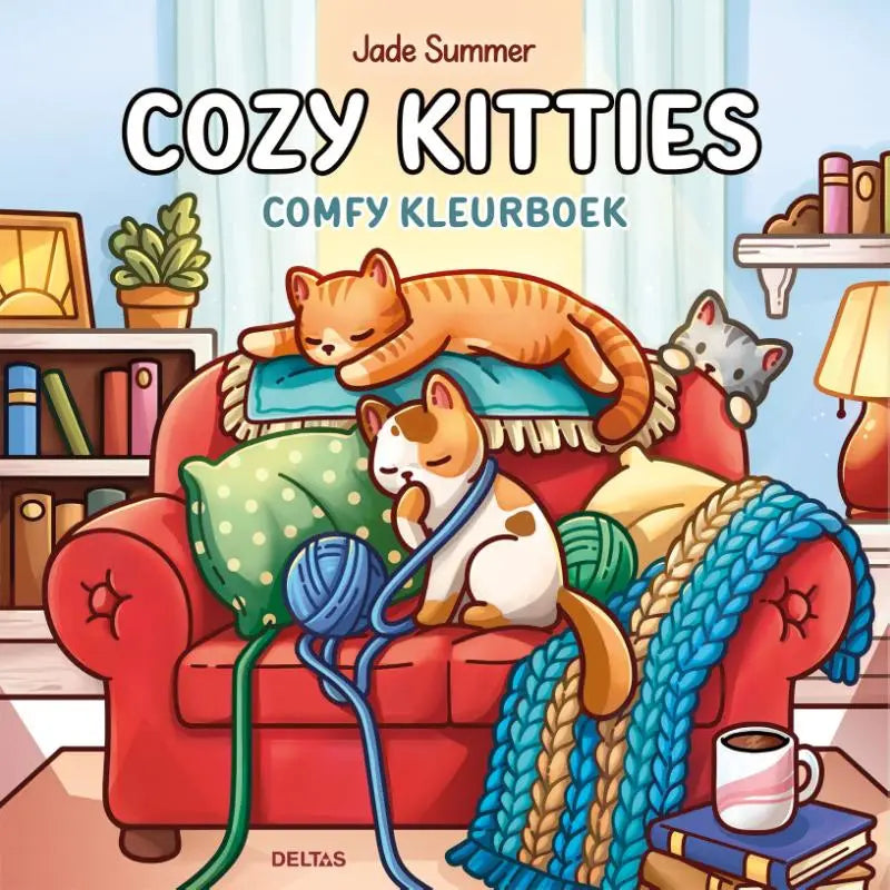 Levendig geïllustreerd kleurboek comfy kleurboek jade met drie schattige katten op een rode fauteuil en breiwerk van jade summer