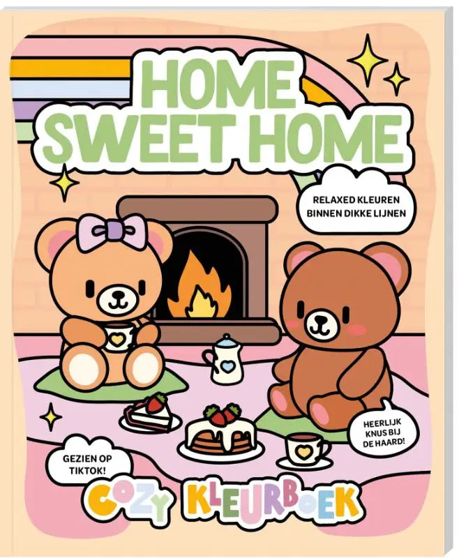 Cozy kleurboek home sweet home met pastelkleuren en twee schattige beren bij een warme open haard met thee en desserts