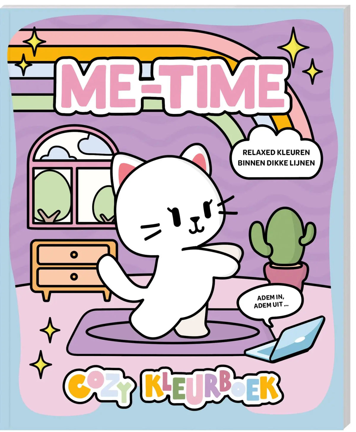 Cozy kleurboek voor volwassenen featuring a pastel-colored relaxing white cat on a purple mat for me time