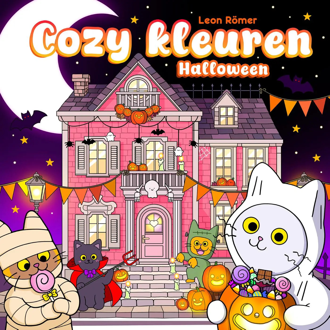 Roze twee-onder-een-kap huis met paarse dak versierd voor halloween met pompoenen en oranje slingers voor cozy kleuren jonge lezers