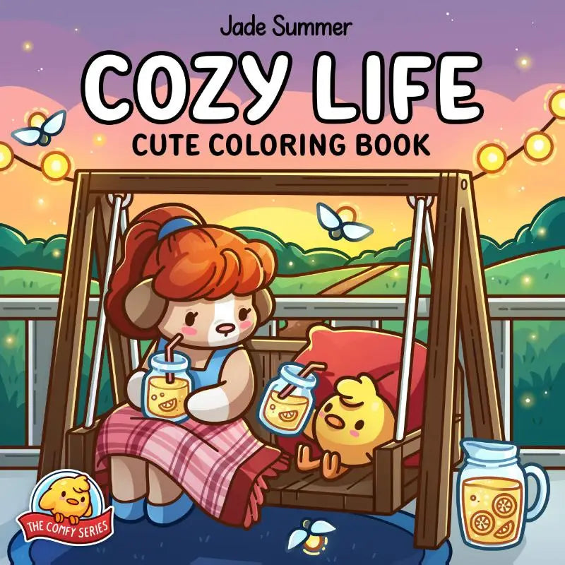 Cozy life cute coloring book with cartoon girl and chick on swing enjoying lemonade at warm sunset background