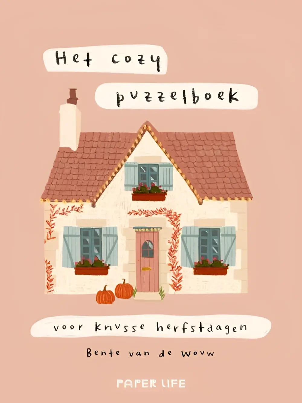 Cozy puzzelboek in de vorm van een huis met roze deur en bruin dak voor knusse herfstdagen puzzels
