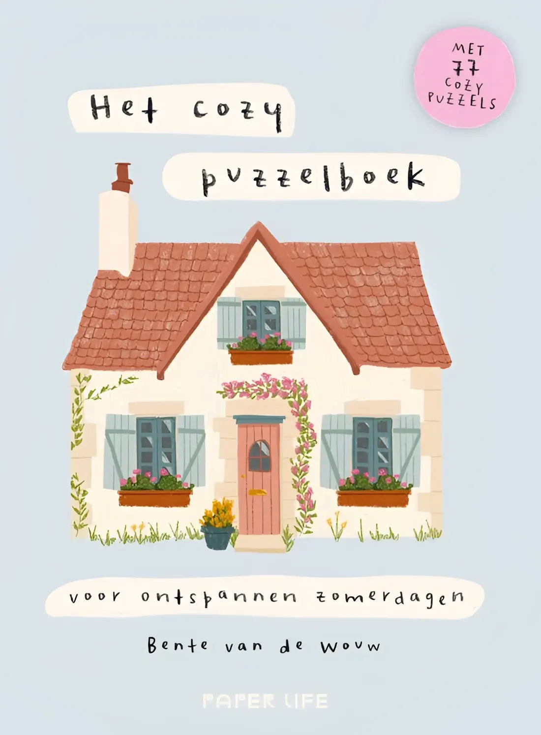 Illustratie van een gezellige cottage op de cover van het cozy puzzelboek voor ontspannen zomerdagen met puzzels