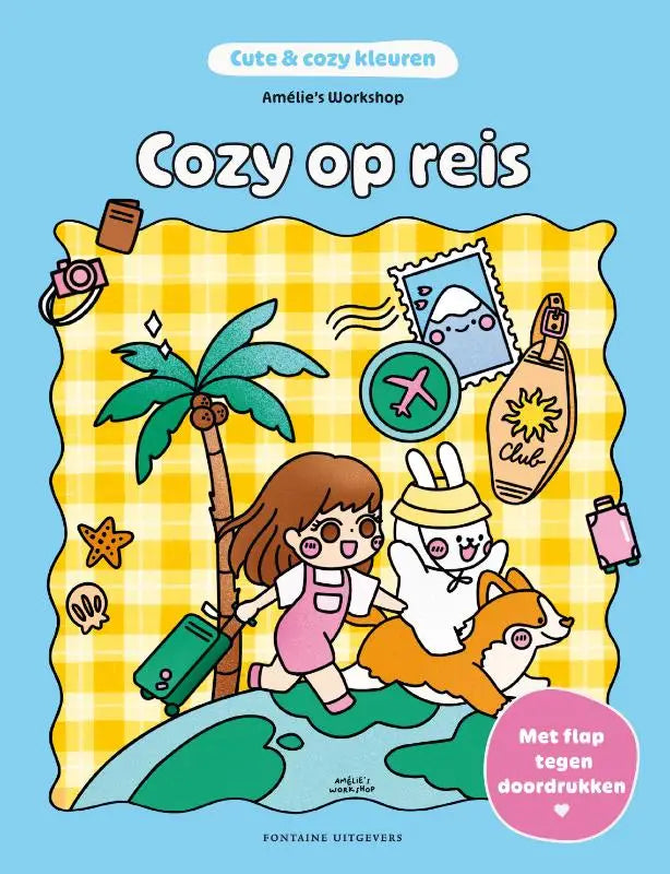 Cozy op reis geïllustreerd boek met cartoon meisje, konijn en vos op wereldbol met tropische elementen