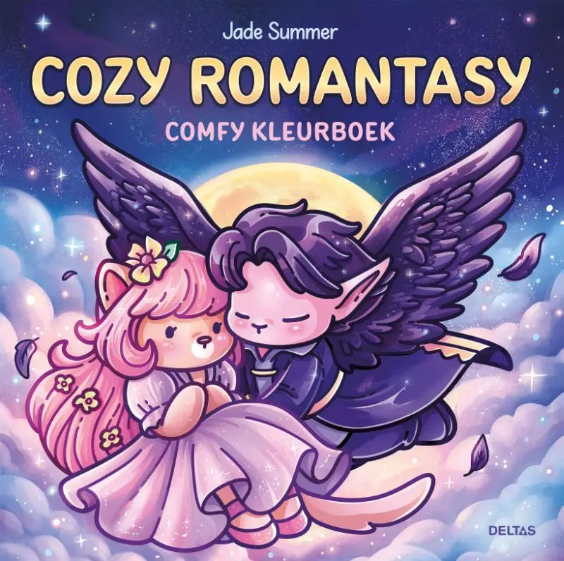 Cozy romantasy softcover kleurboek jade summer met comfortabele illustraties van gevleugelde figuren in sterrennacht