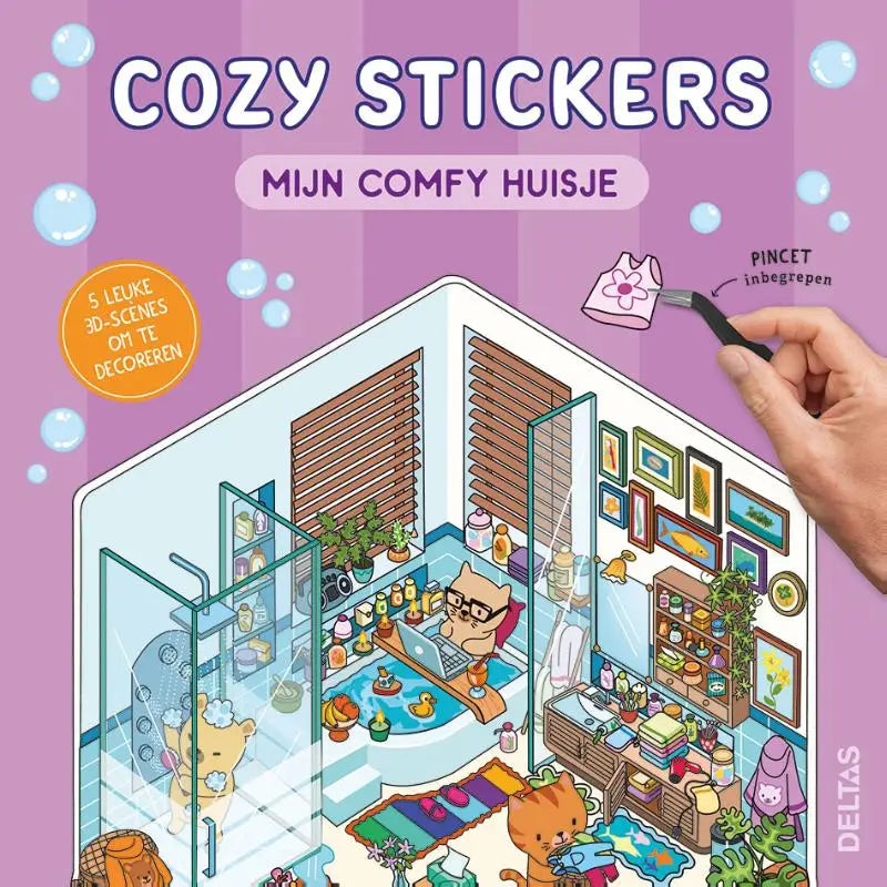 Een roze bloemmotief sticker wordt met een pincet aangebracht in een 3d badkamer scène van cozy stickers comfy huisje leuke 3d-scènes