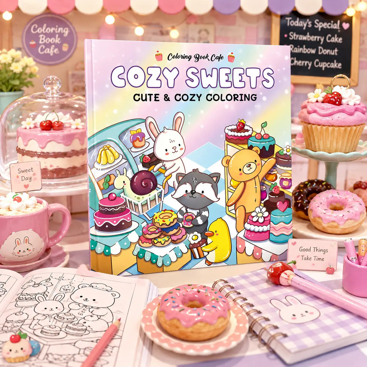 Cozy sweets kleurboek met pastel regenboog omslag en kawaii illustraties van dieren in een snoepwinkel stijl cozy colouring trend