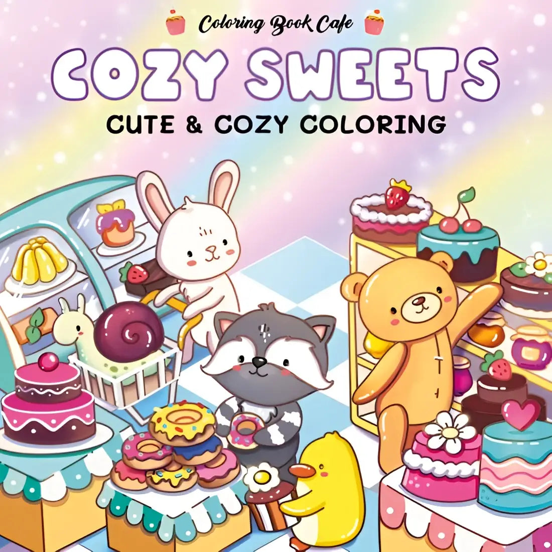 Cozy sweets kleurboek met schattige tekeningen van dieren en kleurrijke desserts in een pastel bakkerij thema