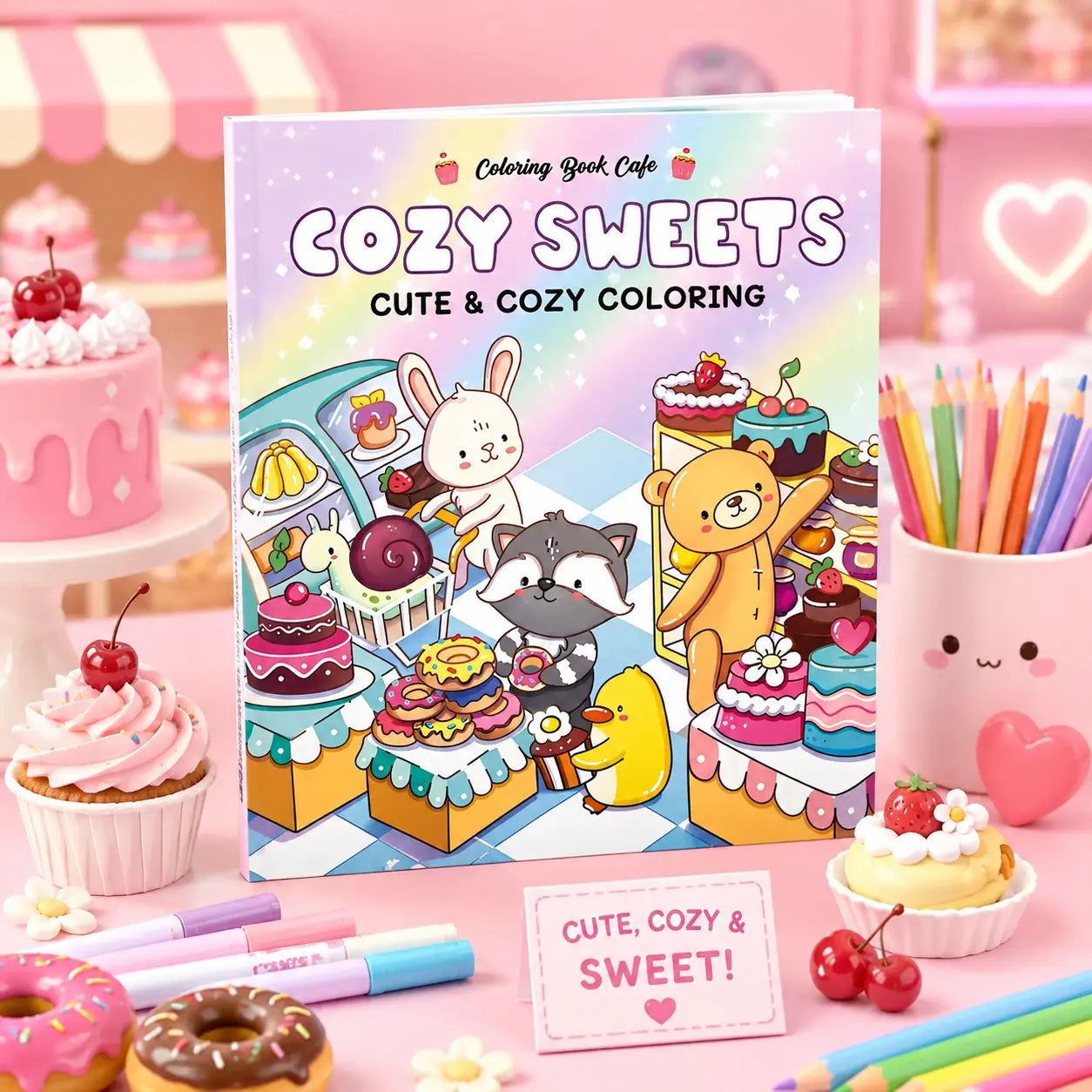 Pastelkleurig cozy sweets kleurboek met kawaii illustraties van schattige dieren in een warme snoepwinkel thema voor cozy colouring trend