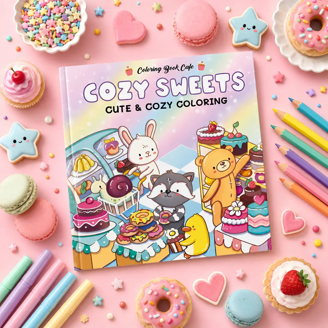 Cozy sweets kleurboek met kawaii illustraties van schattige dieren in een bakkerij en pastel regenboogkleuren