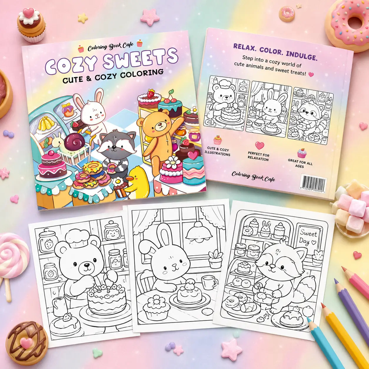Cozy sweets kleurboek met kawaii illustraties van schattige dieren en zoete traktaties in pastel regenboog ontwerp