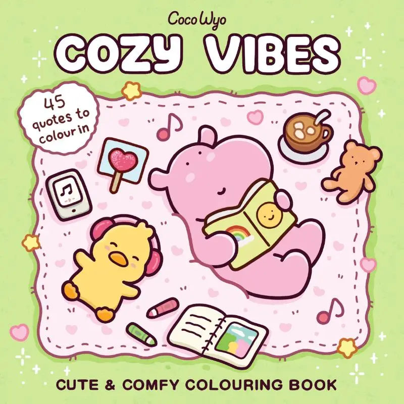 Cozy vibes kleurboek van coco wyo met een roze nijlpaard en gele kuiken op een zacht pastelachtergrond