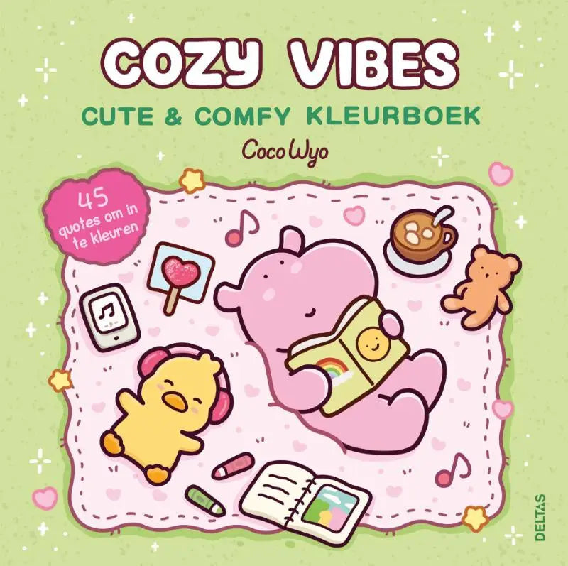 Cover van het cozy vibes cute en comfy kleurboek coco wyo met een roze nijlpaard en gele kuiken op pastel achtergrond