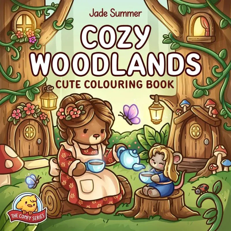 Cozy woodlands by jade summer is a cute and simple colouring book featuring charming woodland animals in a whimsical forest scene