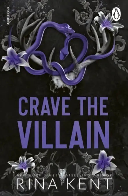 Purple and black book cover of crave the villain by rina kent featuring stylized serpent and lavender flowers, dark romance