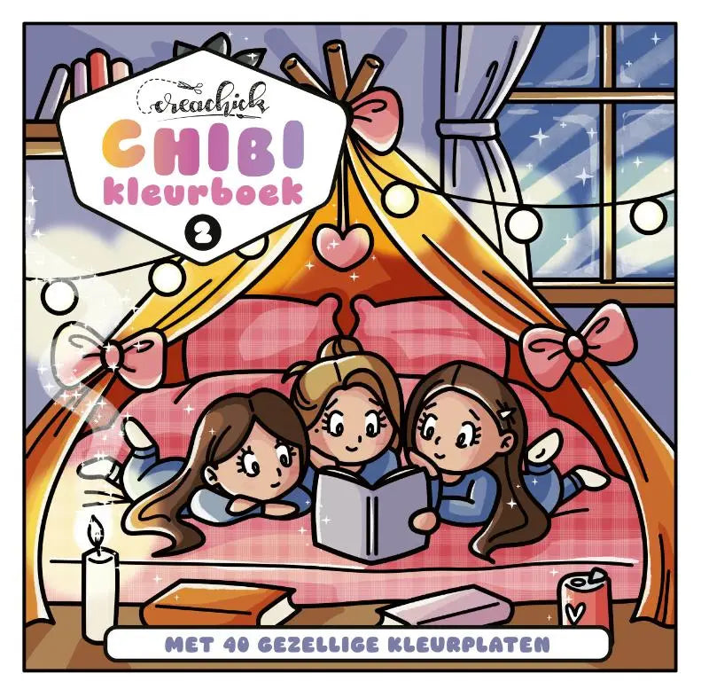 Kleurboek creachick chibikleurboek 3 met kleurrijke omslag van drie meisjes lezend onder een baldakijnbed