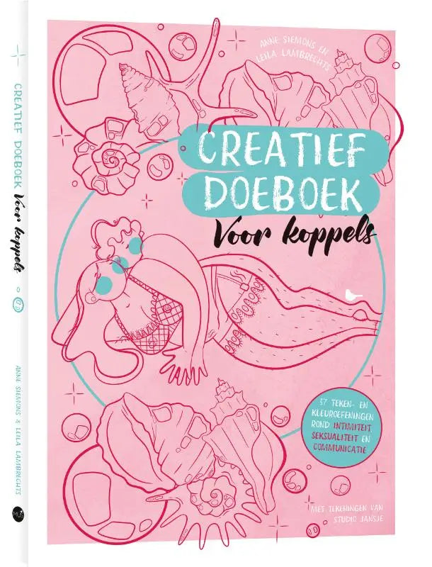 Roze creatief doeboek voor koppels met illustratie van zeemeermin en schelpen voor creatieve doe-oefeningen
