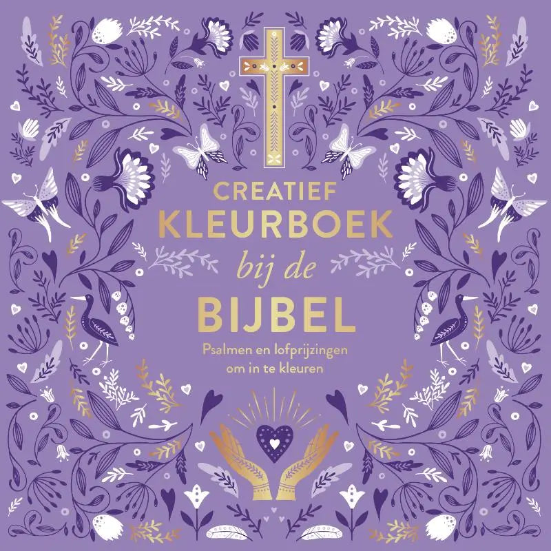 Paars bloemencreatief kleurboek bij de bijbel met gouden kruis en handen die een hart vasthouden voor kleuren