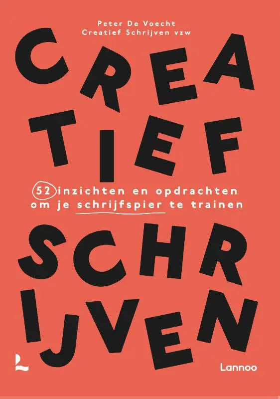 Vibrant koraalkleurige creatief schrijven boekcover met zwarte blokletters en uitgeverijlogo voor hobby’s algemeen