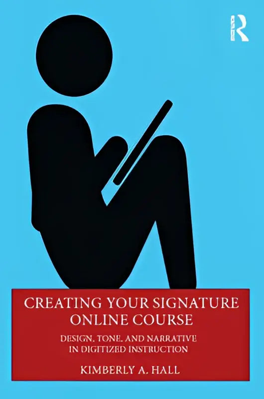 Zwart silhouet van een persoon die een tablet vasthoudt tegen een blauwe achtergrond met focus op creating your signature online course