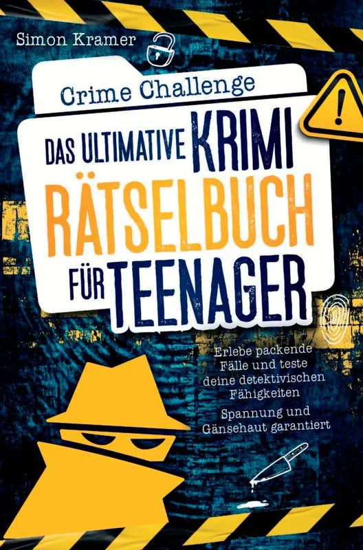 Gele detective silhouet op donkerblauwe crime challenge boekcover om je detektivische vaardigheden te testen