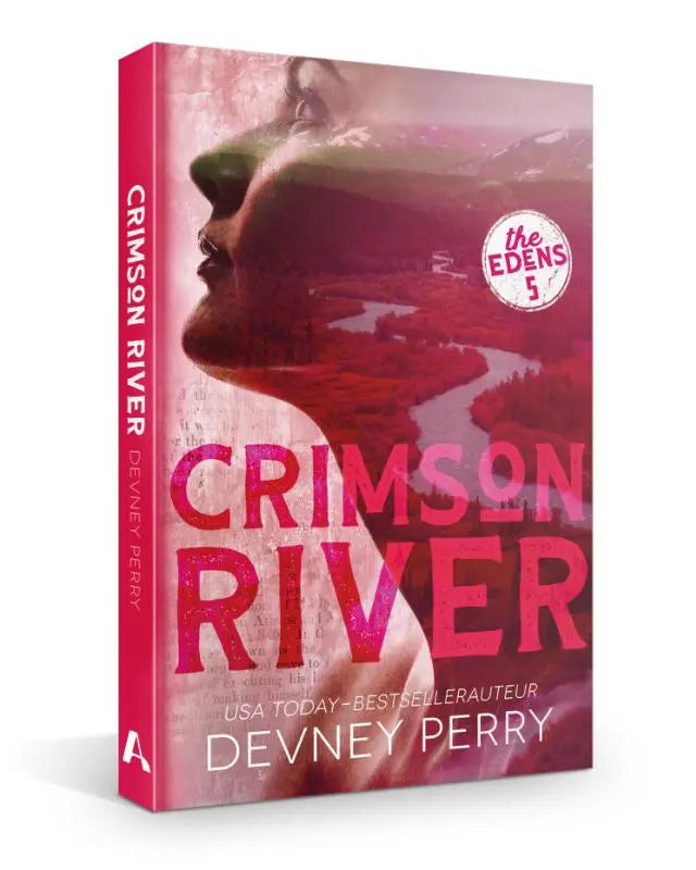 Paperbackboek crimson river met opvallende rode en roze omslag en artistiek profiel van vrouw, geschreven door devney perry in the edens