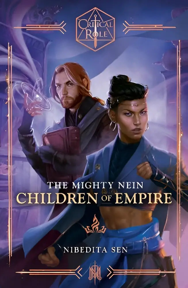Cover of critical role the mighty nein children of empire fantasy novel showing two characters on purple and gold background