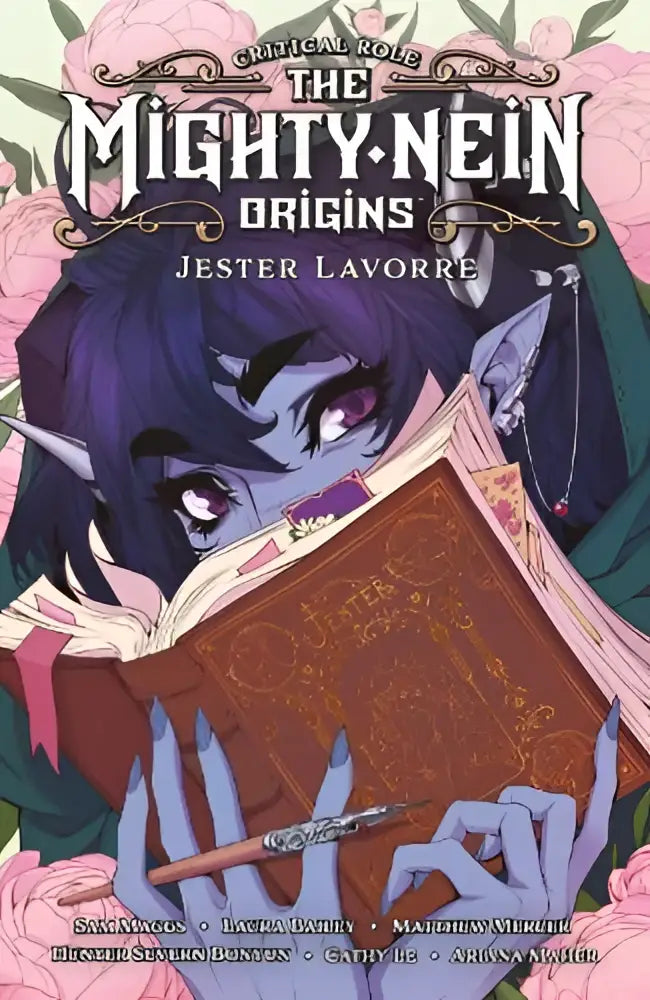 The mighty nein origins book cover features purple-haired elf jester lavorre with brown leather tome and silver quill pen