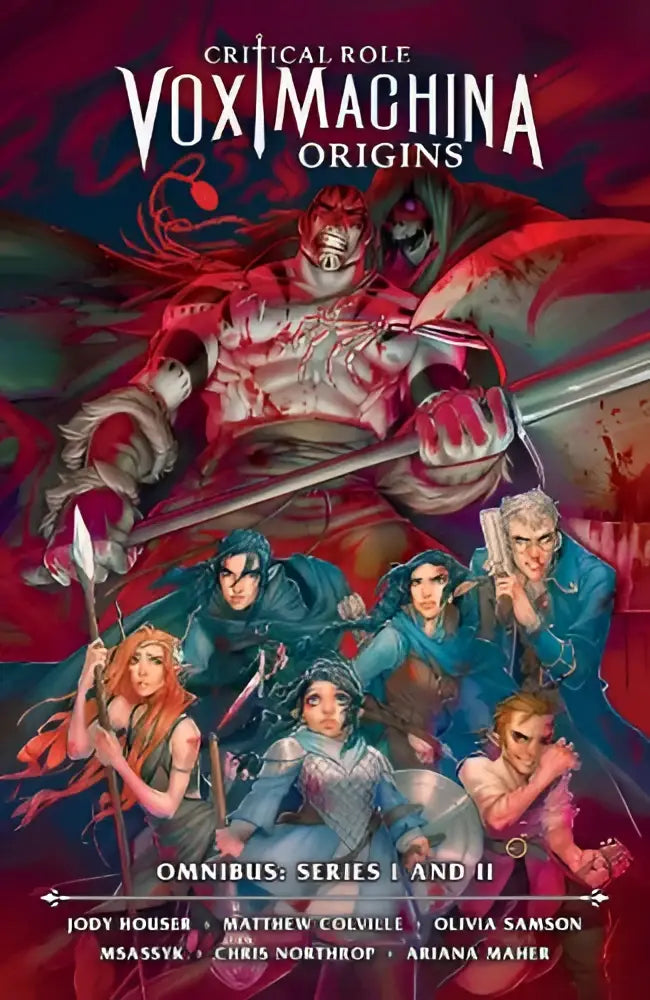 De cover van critical role vox machina origins omnibus toont een dynamische illustratie met rode en donkere tonen