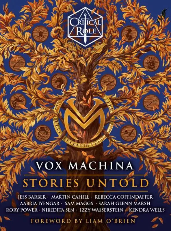 Detailrijke gouden boom met cirkelvormige emblemen op diepblauwe achtergrond voor critical role vox machina--stories untold