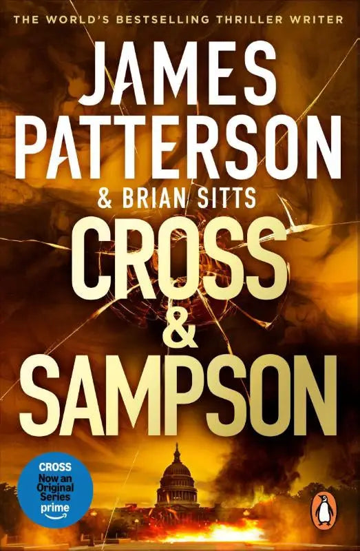 De spannende fictie roman cross and sampson van james patterson toont een oranje brandende stad met een koepelgebouw