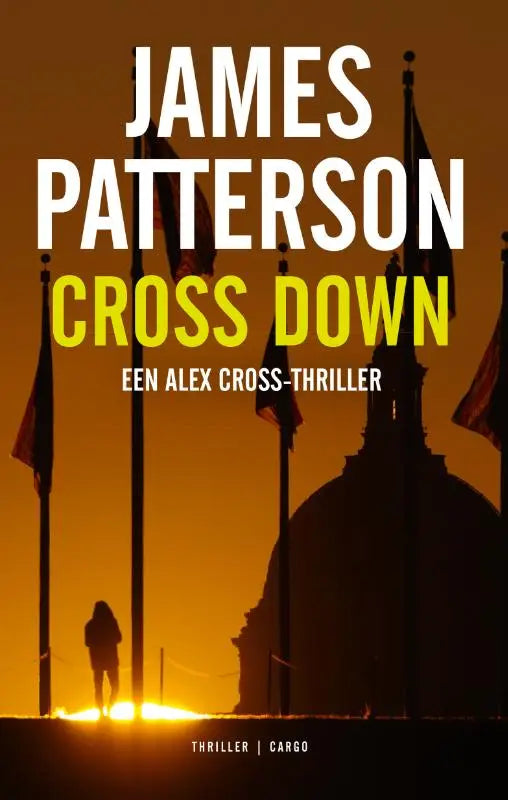 De cover van het boek cross down toont witte en gele tekst tegen een oranje zonsondergang met silhouetten van vlaggen en een koepelgebouw