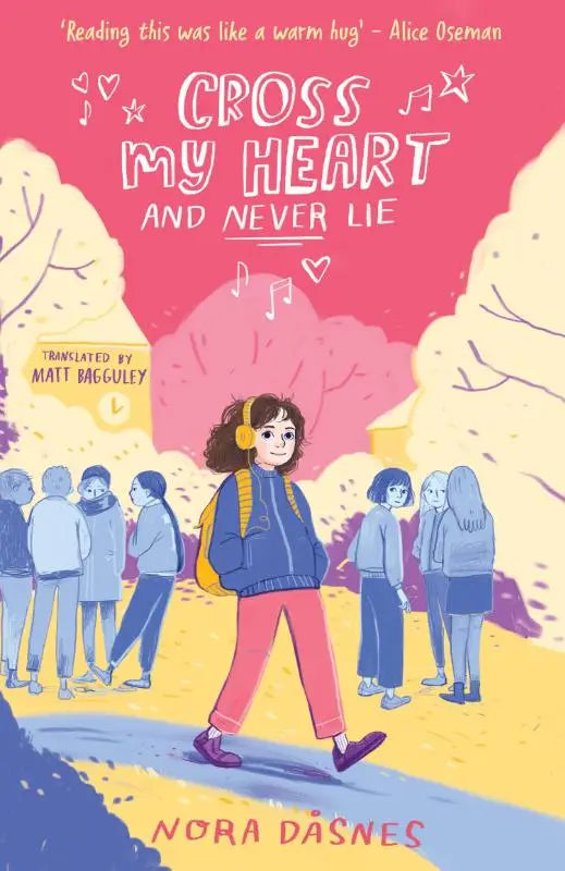 De boekcover van cross my heart en never lie toont een meisje met krullend haar en felgekleurde koptelefoon