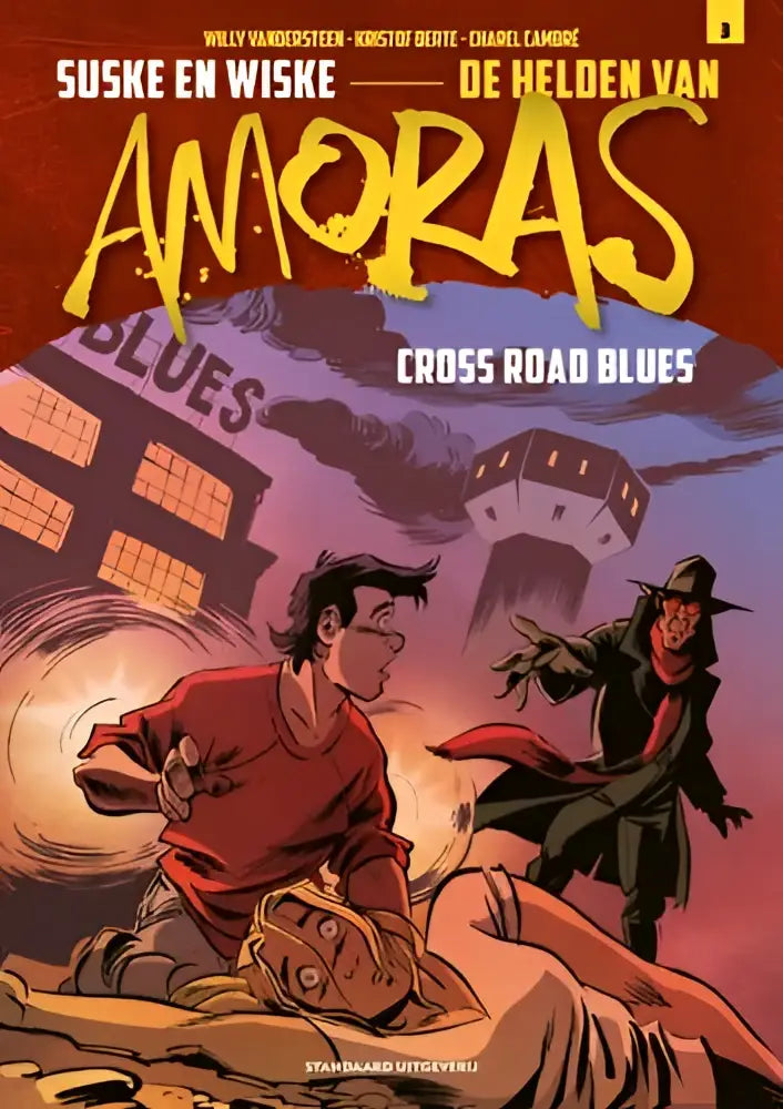 De cover van de comic suske en wiske de helden van amoras cross road blues toont gele letters op een rood vlak met paarse en oranje illustraties