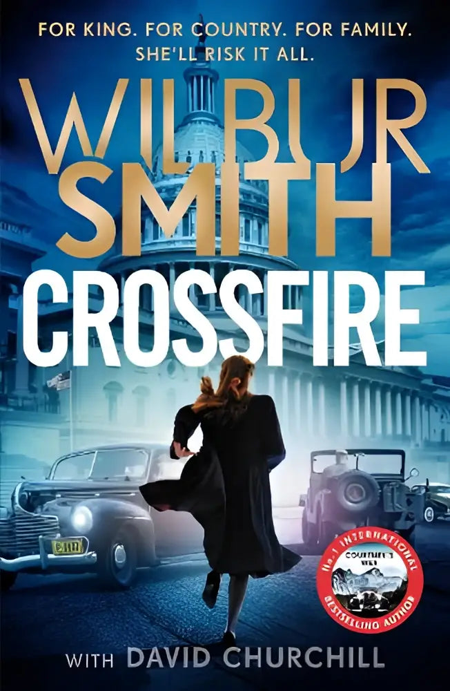 De boekcover van crossfire door wilbur smith toont bold witte en gouden letters tegen een dramatische blauwtint achtergrond met de sunday times bestselling world war ii epic