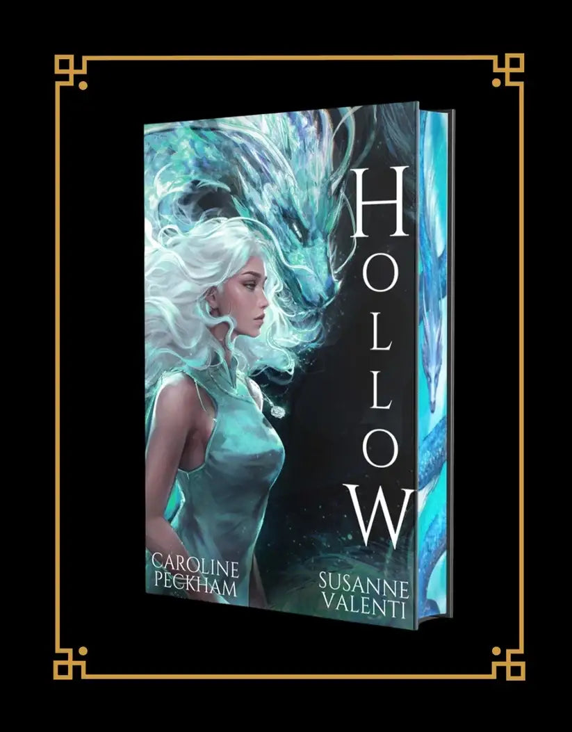 The book hollow by caroline pegham and susanne valenti features a teal woman with flowing hair forming a dragon head in hearts and chaos