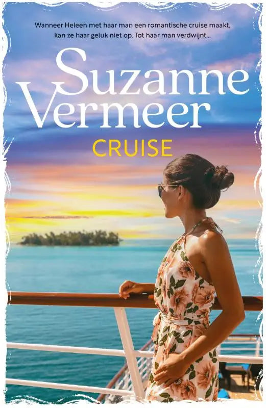 A woman in a floral dress stands on a cruise ship deck wearing sunglasses with her hair styled up